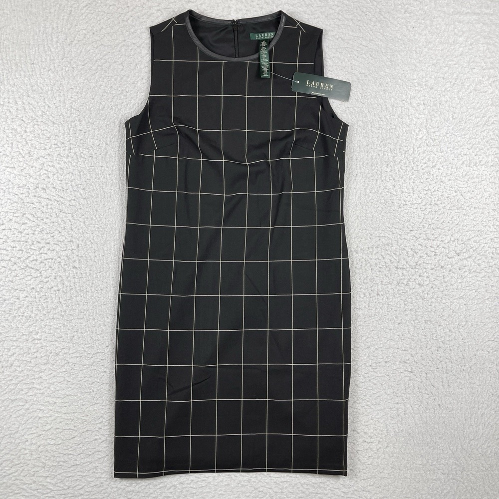 Lauren Ralph Lauren Dress Womens‎ 4 Shift Sheath Windowpane Plaid Leather Trim